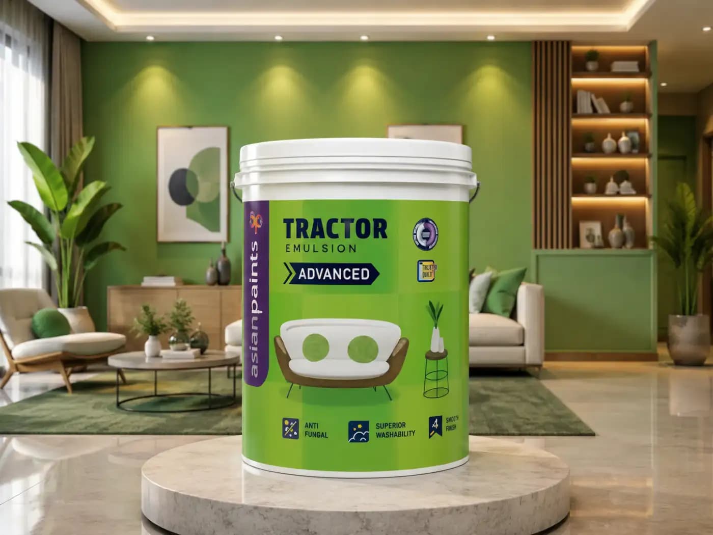 Tractor Emulsion Advanced across a full living room in green